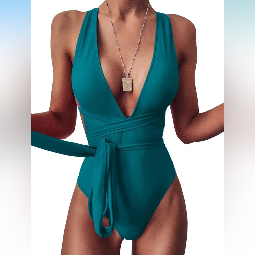 NWT CUPSHE Women's Teal One Piece Sexy Deep V Neck